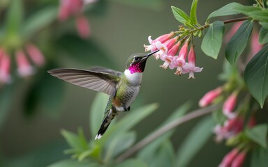 Hummingbird feeding on delicate pink flowers during flight in natural habitat