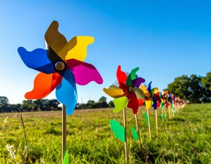 Colorful pinwheels spinning in a grassy field under blue sky, cheerful and nostalgic