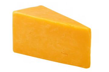 Sharp cheddar cheese wedge resting against clean white surface, showcasing crisp golden color and textured dairy profile