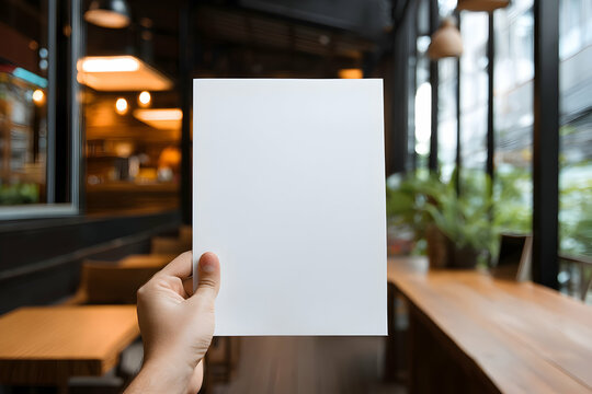 Hand holding a blank white paper sheet in a cafe with blurred background and wooden table view indoors akhtar - Powered by Adobe