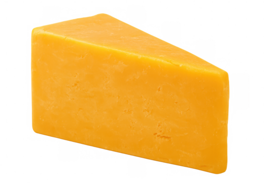 Sharp cheddar cheese wedge resting against clean white surface, showcasing crisp golden color and textured dairy profile