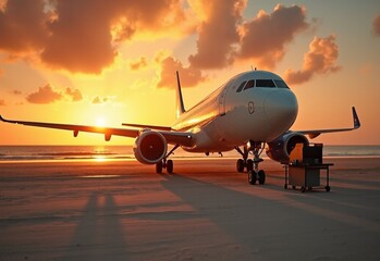 Obraz premium Tropical Airplane with barbecue grill during sunset