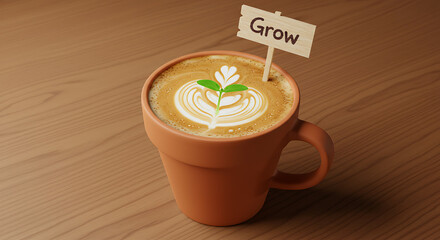 "Grow" coffee cup in a plant pot
