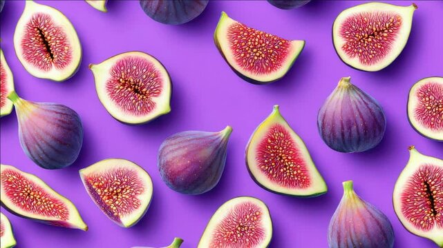 Fresh fig halves with green stems and pistachio-like seeds