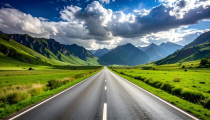 Naklejka premium A long, straight road stretches through vast, vibrant green meadows, leading towards majestic, steep mountains under a dramatic sky with scattered clouds.