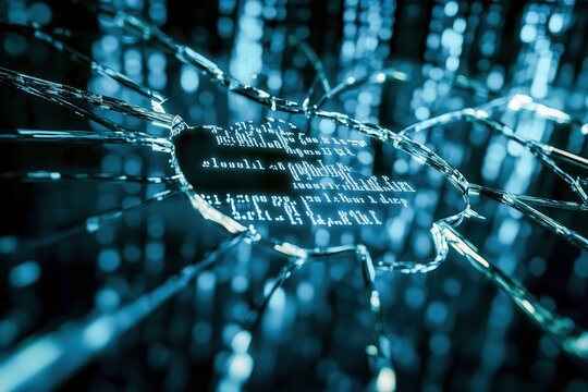 shattered mirror with reflections of binary code in each shard on dark surface