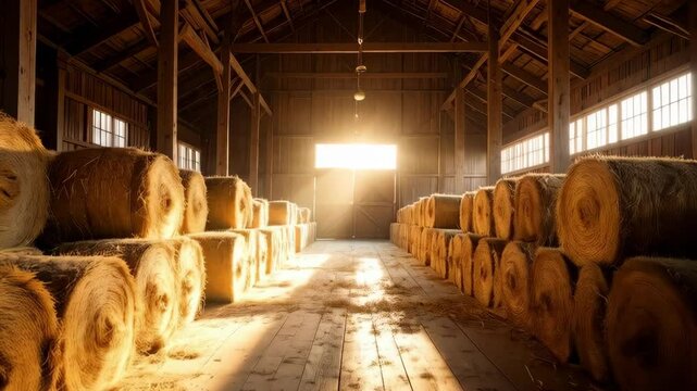 Interior of a rustic barn filled with rows of hay bales, with sunlight streaming through the door, showcasing rural scene and farm harvest.
