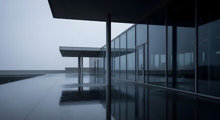 Glass-walled building reflecting in wet concrete under grey skies and rain at dawn.