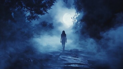 Silhouette walking path foggy forest night