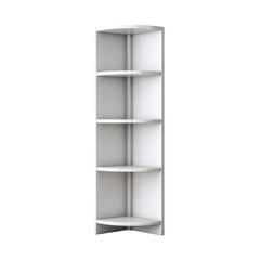 A tall white corner shelf with five empty tiers, isolated on transparent background, perfect for showcasing modern minimalist design and efficient storage solutions