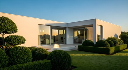 Clean white minimalist house with large glass windows, surrounded by greenery, under bright morning sunlight.