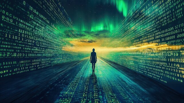 person walking down an infinite road made of binary code under aurora sky