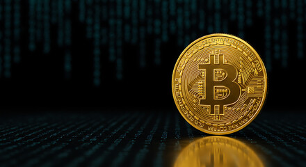 Golden Bitcoin on Binary Code Background A Symbol of Digital Currency and Technological Advancement in Finance