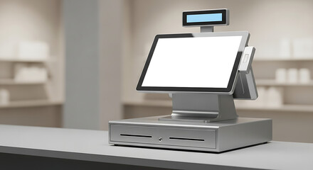 Modern Point of Sale System Mockup with Blank Screen Display for Retail or Business Use, Promoting Seamless Transactions