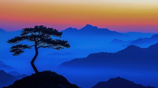 silhouette of a lone pine tree on a misty mountain ridge at dawn