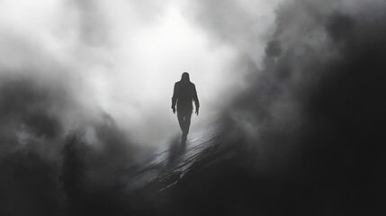 Solitary figure in foggy landscape