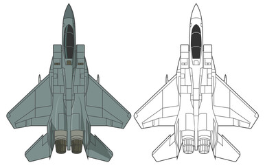 Set F-15EX eagle II military aircraft design in line art and colored style from top view. Vector illustrations colorful fighter jet. Outline drawing combat aircraft. United states modern airplane.