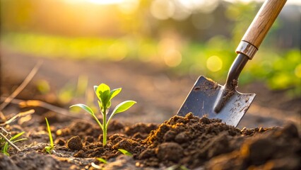 Young Green Plant Growing in Soil with Garden Shovel at Sunrise Symbolizing Hope, Nature and New Beginnings for Gardening Fans