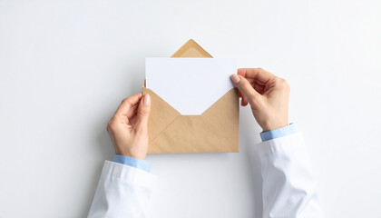 With Gratitude: Flat Lay of Female Doctor Placing Thank-You Card into Envelope on White Background
