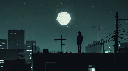 Solitary figure on rooftop at night