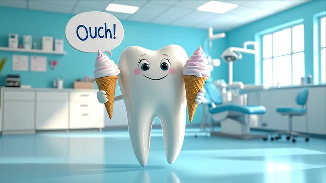 Animated tooth character holding ice cream cones in a dentist office, saying "Ouch!