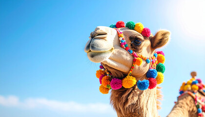 "Camel Adorned with Colorful Pompom Harness Under Clear Sky – Capturing Festive Mood in Bright High Noon Light"