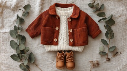 A baby doll is wearing a brown jacket and white sweater