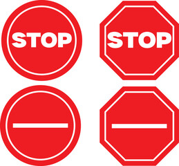 Red Stop Sign Icons – Octagon and Circular Traffic Warning Symbols Vector Set