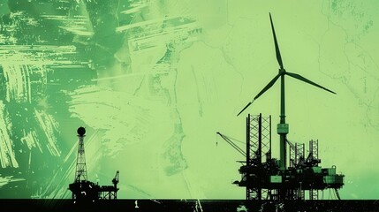 Obraz premium retro poster of windmill vs oil rig contrast green and black on windmill 