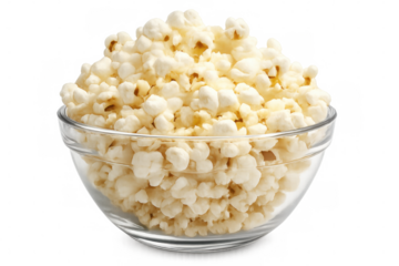 Popcorn overflowing from a glass bowl, isolated on a transparent background, creating the perfect snack for an enjoyable movie night