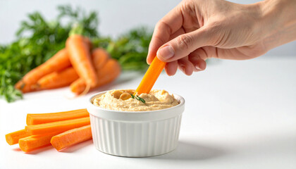 "Carrot Being Dipped into Hummus – Healthy Snack Shot Captured from Side Angle with Bright, Clean Lighting Emphasizing Freshness and Nutrition"