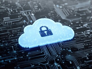 Glowing Cloud With Padlock On Circuit Board