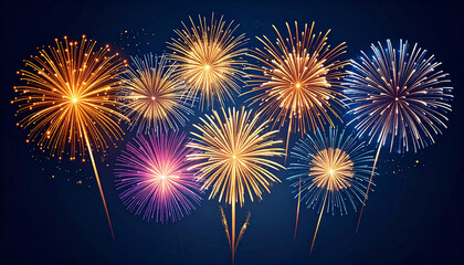 Clean Vector Style Firework Shapes on Dark Gradient Background, Modern Flat Illustration