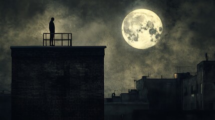 Solitary figure rooftop nighttime