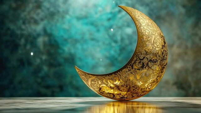 Shiny golden crescent moon ornament, set against a twinkling star backdrop with blue tones.