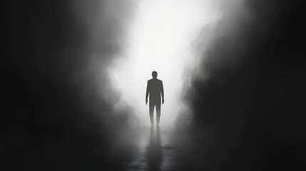 Solitary figure walking toward light
