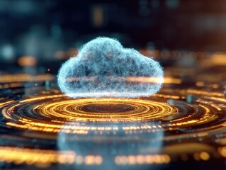 Glowing Blue Cloud Above Golden Rings On Dark Digital Interface