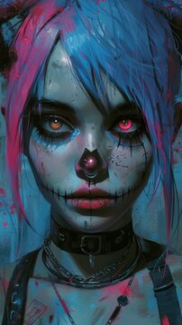 Punk rocker girl with vibrant pink hair and colorful skull makeup, exuding an edgy charm with her dramatic dark makeup.