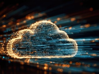 Golden Cloud Shimmers With Data Streams on Dark Blue