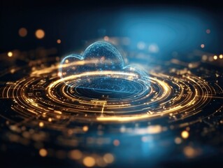Blue Glowing Cloud Encircled By Golden Rings On Dark Background