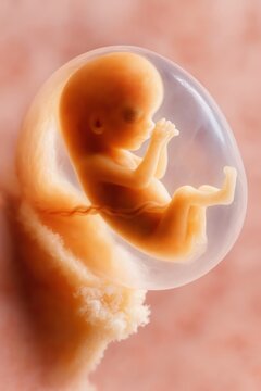 Detailed view of human fetus in amniotic sac, early pregnancy stage with umbilical cord, realistic warm tones, concept of prenatal life, medical and biological development.
