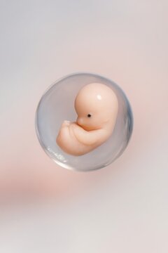 Early human embryo floating inside transparent sac, delicate stage of fetal development, realistic soft pink tones, concept of life, biology and medical science.
