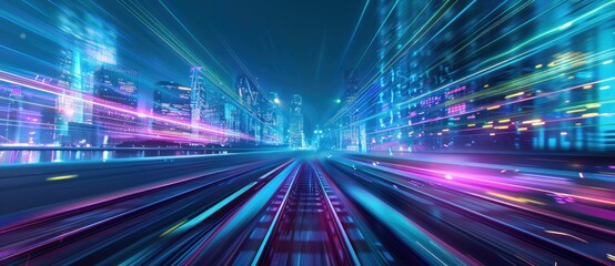 Futuristic city railway with vibrant neon light trails and modern buildings