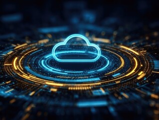 Glowing Blue Cloud Icon On Futuristic HUD