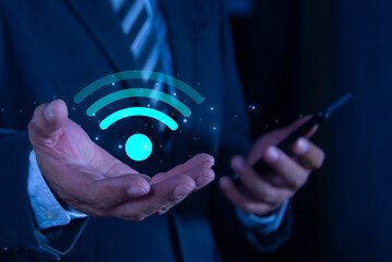 Business people connect WiFi technology. Using smartphone with wifi icon, business communication social network concept. Wifi internet access concept