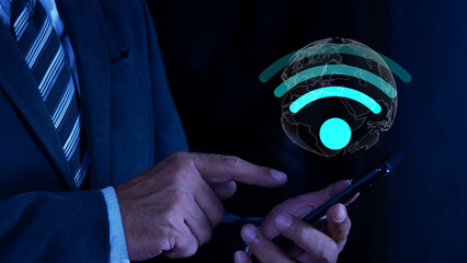 Business people connect WiFi technology. Using smartphone with wifi icon, business communication social network concept. Wifi internet access concept