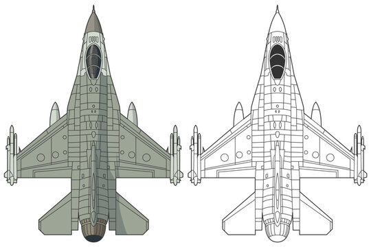 Set F-16 military aircraft design in lineart and colored style from top view. Vector illustrations colorful F-16 fighting falcon fighter jet. Outline drawing united states modern combat aeroplane F16.