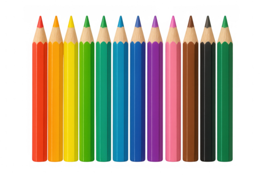 Colorful pencils lined up, displaying vivid color spectrum against transparent surface, highlighting artistic potential