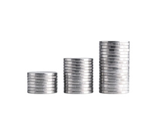 Three silver coin stacks aligned in ascending order like a financial chart, isolated on transparent background. Perfect for finance, investment, or economic growth visuals.