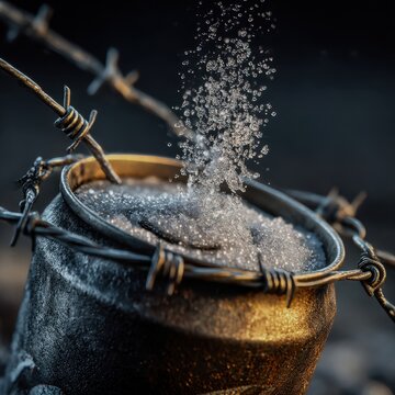 soda can overflowing with molten sugar crystallizing into barbed wire